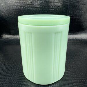 Vintage Green Jadeite Glass Canister With Lid 5.5 Inch Ribbed Container Tall Jar